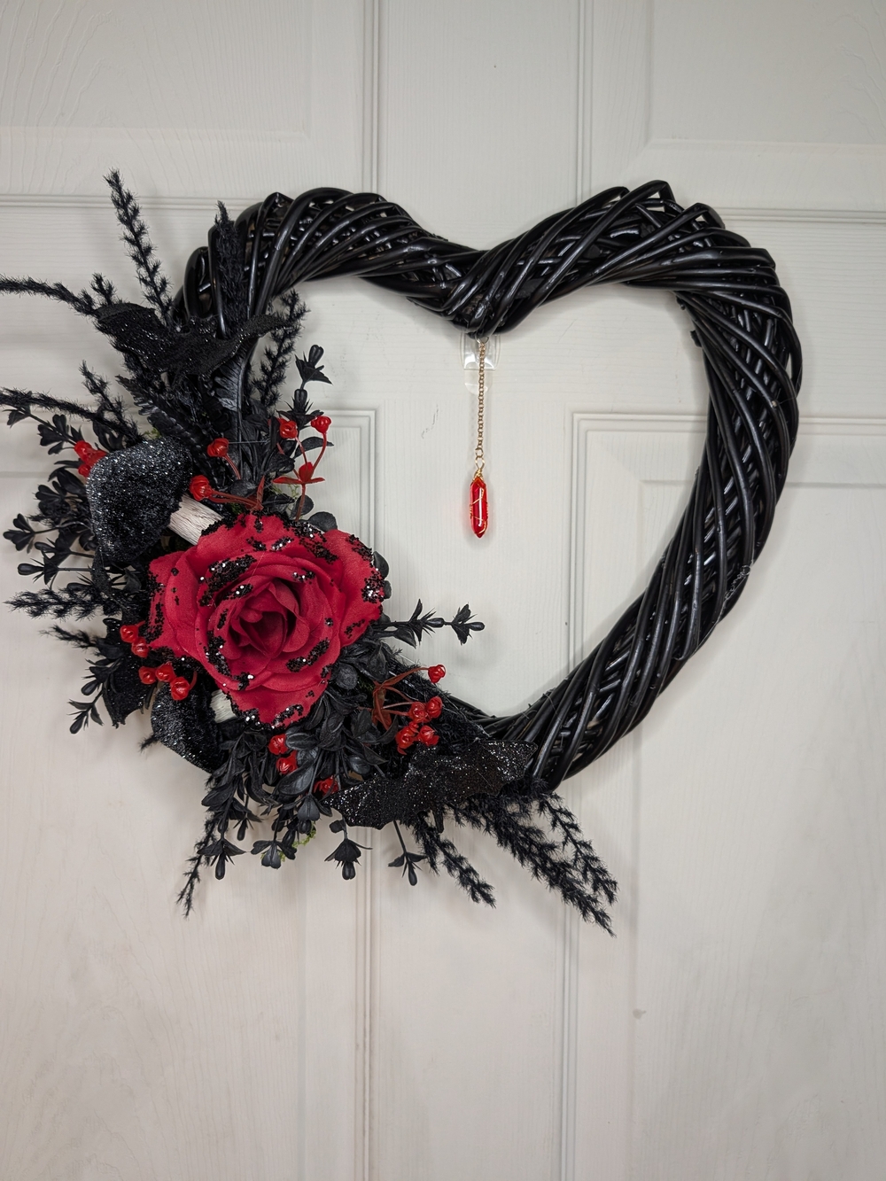 Black Heart Wreath with Red Rose Accent